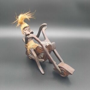 Primitive Tiki Java Tribal Man‎ on Motorcycle  Santa Barbara Hand Carved Wooden